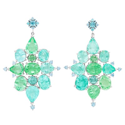 Lot 461 - Pair of White Gold and Paraiba-Type Tourmaline Pendant-Earrings