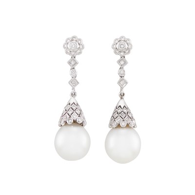 Lot 408 - Pair of White Gold, South Sea Cultured Pearl and Diamond Pendant-Earrings