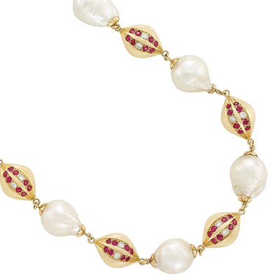 Lot 209 - Gold, Baroque Cultured Pearl, Ruby and Diamond Necklace