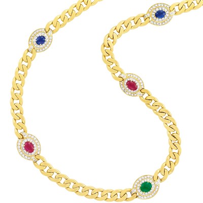 Lot 200 - Long Gold, Diamond and Cabochon Gem-Set Curb Link Chain Necklace