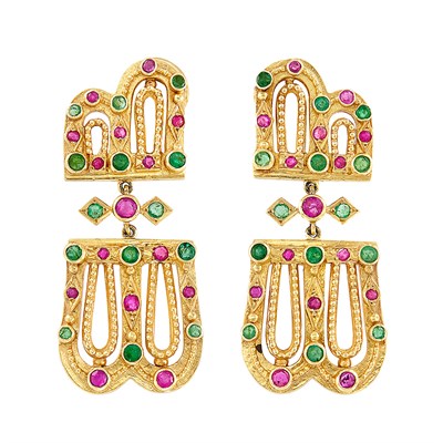 Lot 225 - Pair of Gold and Gem-Set Pendant-Earclips, Zolotas