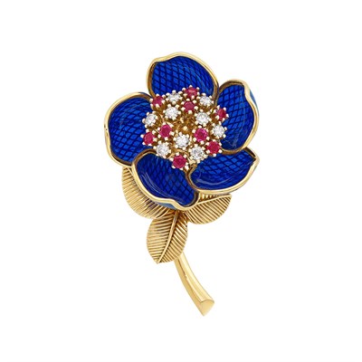 Lot 102 - Gold, Blue Plique-à-Jour Enamel, Diamond and Ruby Flower Clip-Brooch, France
