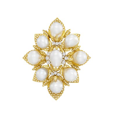 Lot 210 - Gold, Semi-Baroque Cultured Pearl and Diamond Pendant-Brooch