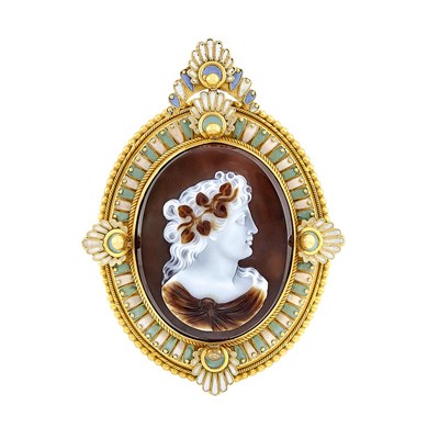 Lot 130 - Antique Gold, Hardstone Cameo and Enamel Pendant-Brooch