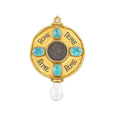 Lot 422 - Gold, Green Tourmaline, Cultured Pearl, Diamond and Ancient Bronze Coin Brooch, Elizabeth Gage