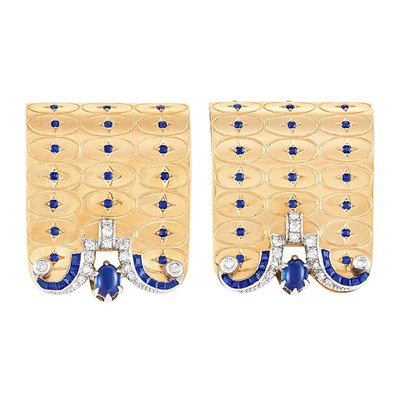 Lot 272 - Pair of Rose Gold, Platinum, Cabochon Sapphire, Sapphire and Diamond Clips
