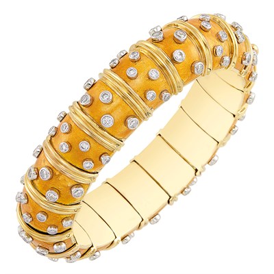 Lot 392 - Gold, Orangy Yellow Paillonné Enamel and Diamond Bangle Bracelet, Tiffany & Co., Schlumberger, France