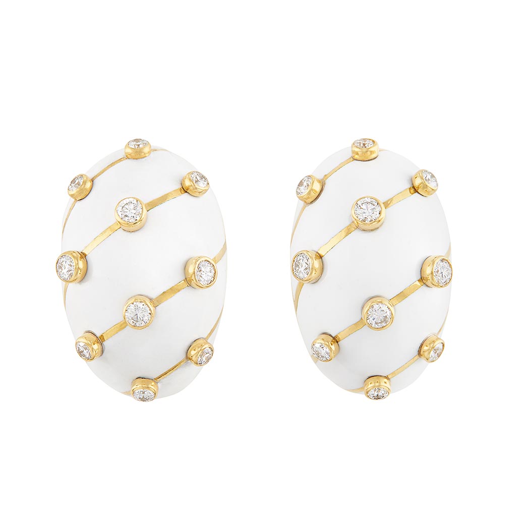 Lot 70 - Tiffany & Co., Schlumberger Pair of Gold, White Enamel and Diamond 'Banana' Earclips, France