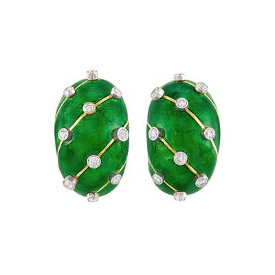 Lot 315 - Pair of Gold, Green Paillonné Enamel and Diamond Earclips, Tiffany & Co., Schlumberger, France