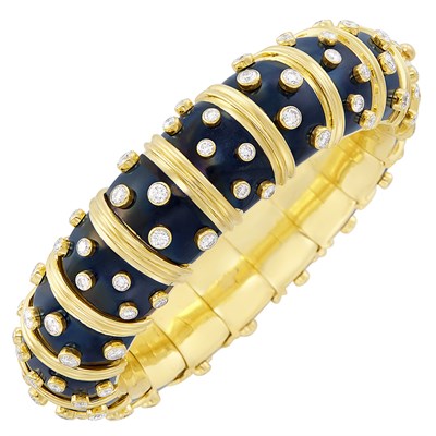 Lot 324 - Gold, Black Paillonné Enamel and Diamond Bangle Bracelet, Tiffany & Co., Schlumberger, France