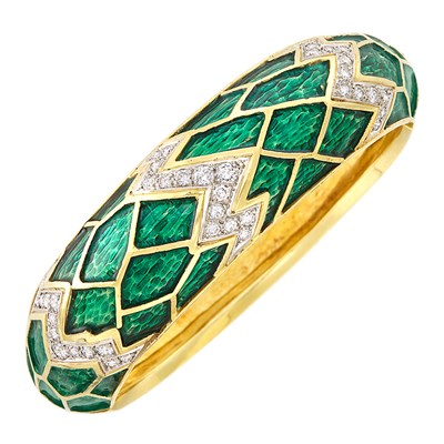 Lot 316 - Gold, Platinum, Green Enamel and Diamond Bangle Bracelet