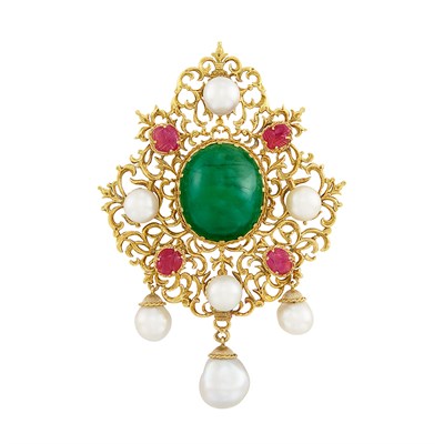 Lot 232 - Gold, Cabochon Emerald, Carved Ruby and Cultured Pearl Pendant-Brooch, Gianmaria Buccellati