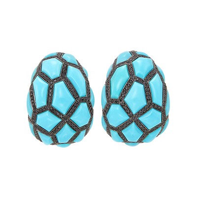 Lot 48 - Pair of White and Blackened Gold, Turquoise and Black Diamond Earclips, de Grisogono