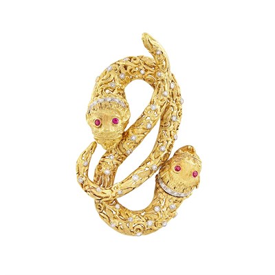 Lot 38 - Gold, Diamond and Ruby Chimera Clip-Brooch, Ilias Lalaounis