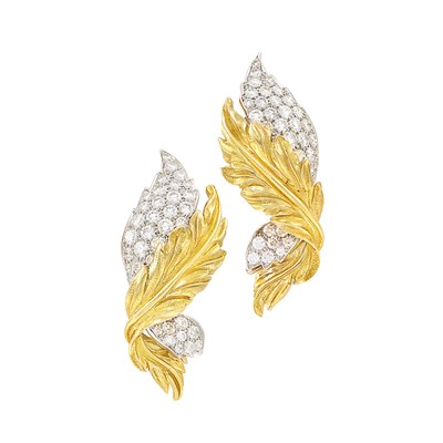 Lot 403 - Pair of Gold, Platinum and Diamond Leaf Earclips, Verdura