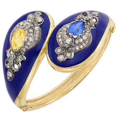 Lot 399 - Antique Gold, Silver, Blue and Yellow Sapphire, Diamond and Enamel Bangle Bracelet