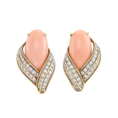 Lot 42 - Pair of Gold, Platinum, Coral and Diamond Earclips, David Webb