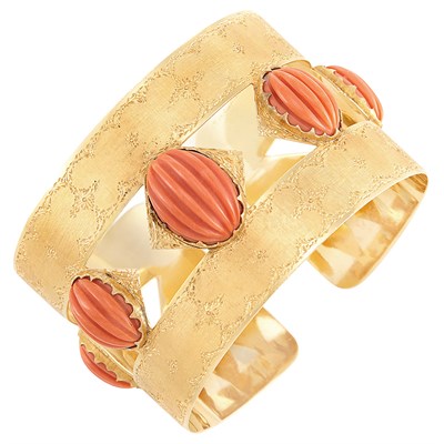 Lot 17 - Gold and Carved Coral Cuff Bangle Bracelet, Mario Buccellati