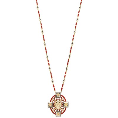 Lot 128 - Antique Gold, Yellow Sapphire and Enamel Pendant-Necklace