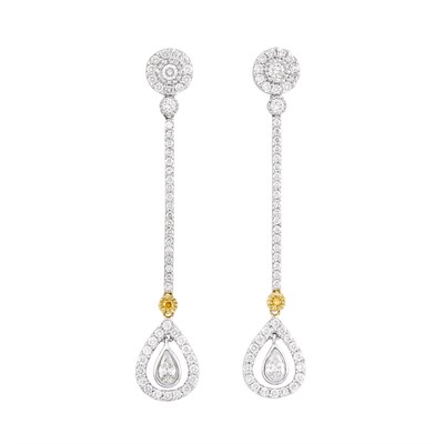Lot 484 - Pair of Two-Color Gold, Diamond and Fancy Colored Diamond Pendant-Earrings