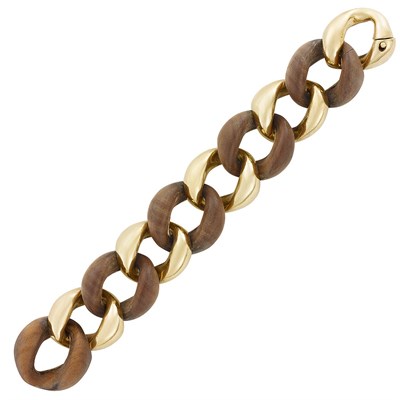 Lot 34 - Gold and Wood Curb Link Bracelet, Aldo Del Noce, and Pair of Gold, Wood, Turquoise and Cultured Pearl Earclips, Trianon