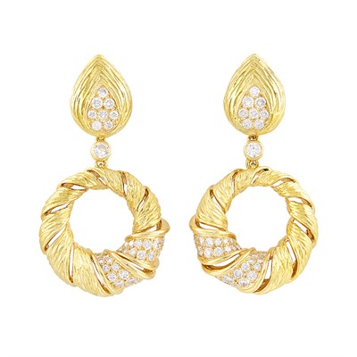 Lot 231 - Pair of Gold and Diamond Pendant-Earrings, M. Gérard, France