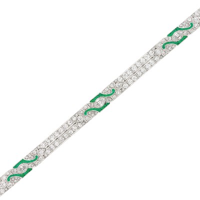 Lot 150 - Platinum, Diamond and Emerald Bracelet