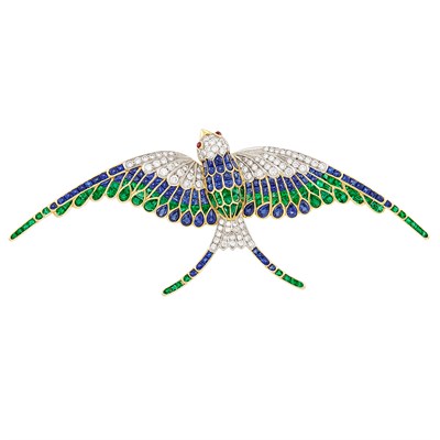 Lot 304 - Gold, Cabochon Sapphire and Emerald and Diamond Bird Brooch