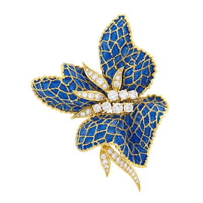 Lot 90 - Gold, Diamond and Enamel Flower Clip-Brooch