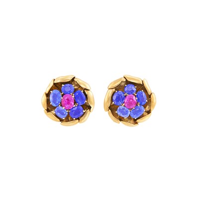 Lot 274 - Pair of Gold, Ruby and Sapphire Flower Earclips