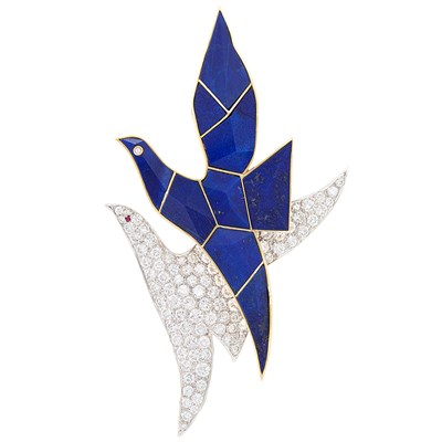 Lot 317 - Gold, Platinum, Lapis and Diamond Bird Clip-Brooch, France