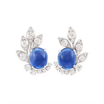 Lot 254 - Pair of Platinum, Cabochon Sapphire and Diamond Earclips