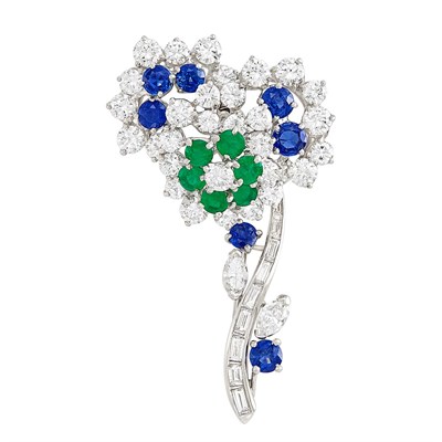 Lot 306 - Platinum, Diamond, Sapphire and Emerald Flower Brooch, Oscar Heyman Brothers