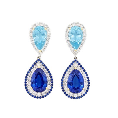Lot 173 - Pair of White Gold, Aquamarine, Tanzanite and Diamond Pendant-Earrings