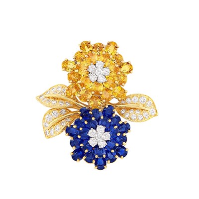 Lot 401 - Gold, Sapphire, Yellow Sapphire and Diamond Flower Clip-Brooch, Oscar Heyman Brothers