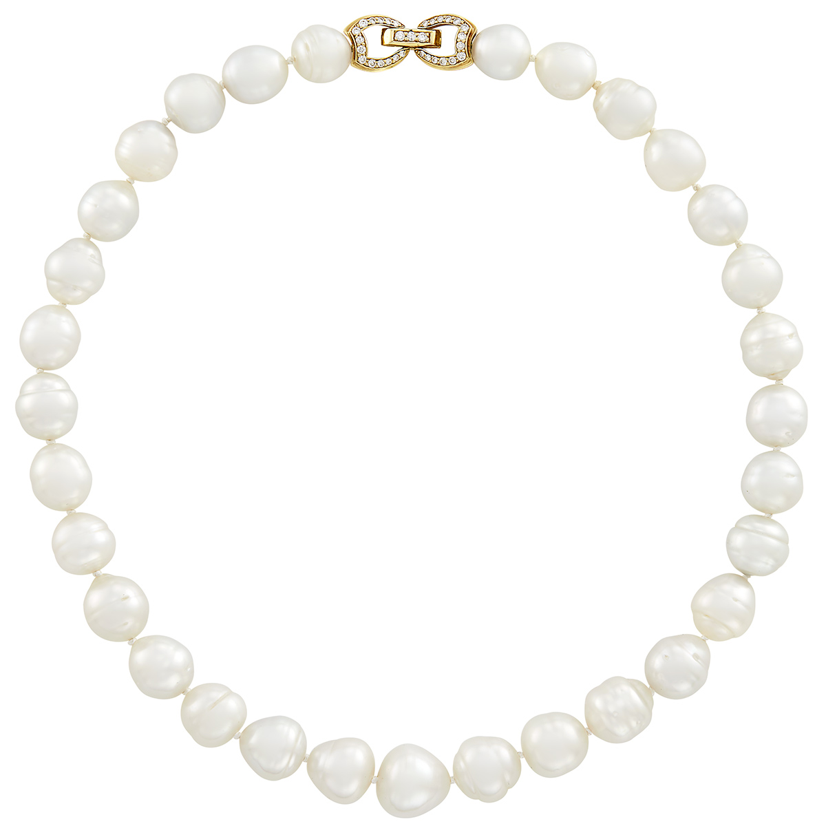 Lot 26 - Semi-Baroque South Sea Cultured Pearl Necklace with Gold and Diamond Clasp, Mikimoto
