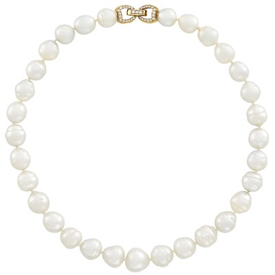 Lot 26 - Semi-Baroque South Sea Cultured Pearl Necklace with Gold and Diamond Clasp, Mikimoto