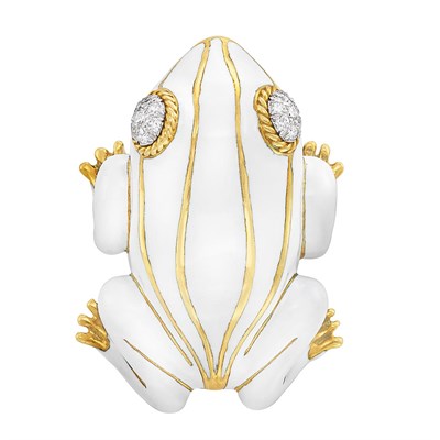 Lot 323 - Gold, Platinum, White Enamel and Diamond Frog Clip-Brooch, David Webb