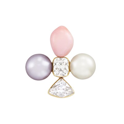 Lot 131 - Antique Gold, Diamond, Natural Gray and White Button Pearl and Queen Conch Pearl Pendant-Brooch