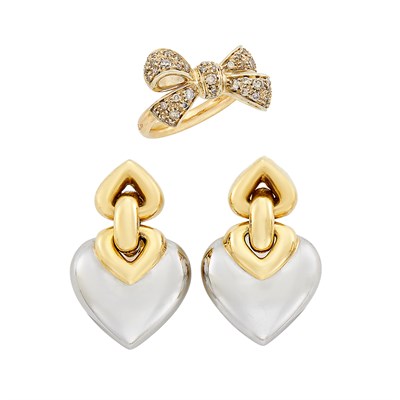 Lot 300 - Gold and Diamond 'Forever' Bow Ring, Pomellato, and Pair of Gold and Stainless Steel 'Doppio' Heart Earrings, Bulgari