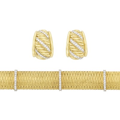 Lot 260 - Two-Color Gold and Diamond Bracelet and Pair of Earrings