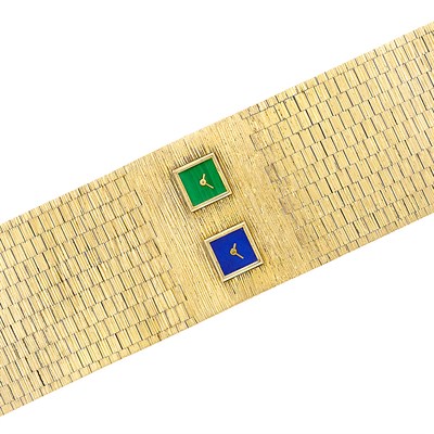 Lot 108 - Gold, Lapis Lazuli and Malachite Dual Time Zone Bracelet-Watch, Milner