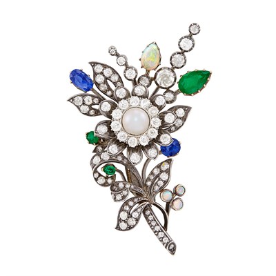 Lot 396 - Antique Silver, Gold, Platinum, Diamond, Pearl and Colored Stone Flower Brooch