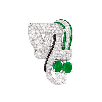 Lot 405 - Art Deco Platinum, Emerald, Diamond and Black Onyx Clip-Brooch
