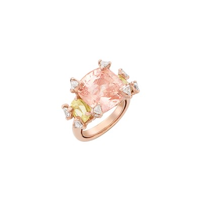 Lot 428 - Rose Gold-Plated Platinum, Padparadscha Sapphire, Yellow Sapphire and Diamond Ring