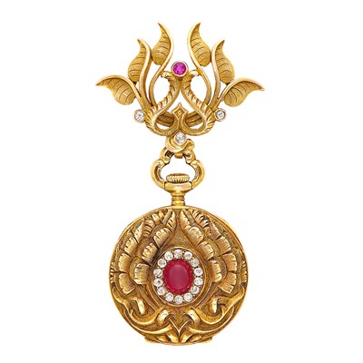 Lot 360 - Antique Gold, Cabochon Ruby, Diamond and Guilloché Enamel Lapel-Watch