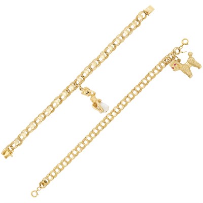 Lot 106 - Two Gold, Freshwater Pearl and Ruby Poodle & Figural Charm Bracelets