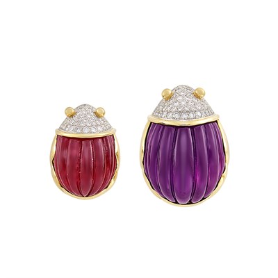 Lot 520 - Two Gold, Platinum, Carved Gem-Set and Diamond Beetle Pins, Tiffany & Co.