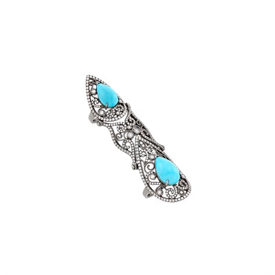 Lot 180 - Flexible Blackened Gold, Turquoise and Diamond Finger Ring
