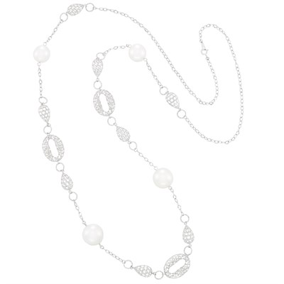 Lot 151 - Long White Gold and Cultured Pearl Chain Necklace